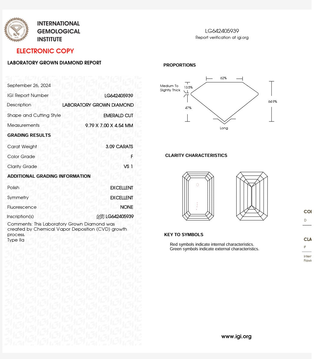 3.09ct Emerald cut Lab Grown Diamond Solitaire Ring IGI Certified set in platinum