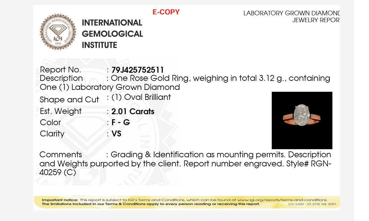 2.01ct oval cut Lab Grown Diamond Solitaire Ring IGI Certified set in 9k rose gold