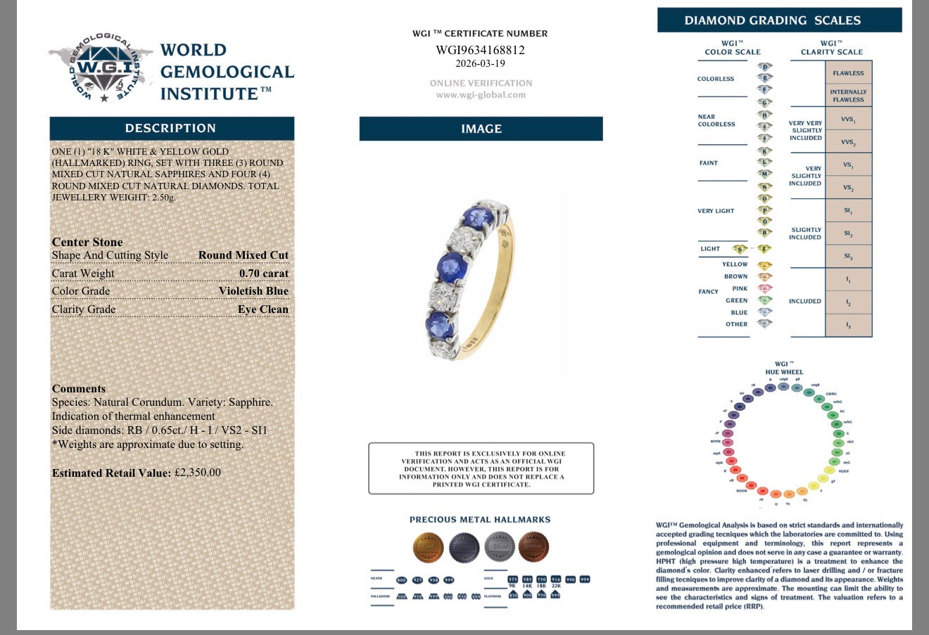 18k Yellow gold 0.65ct natural diamond and sapphire half eternity ring certified