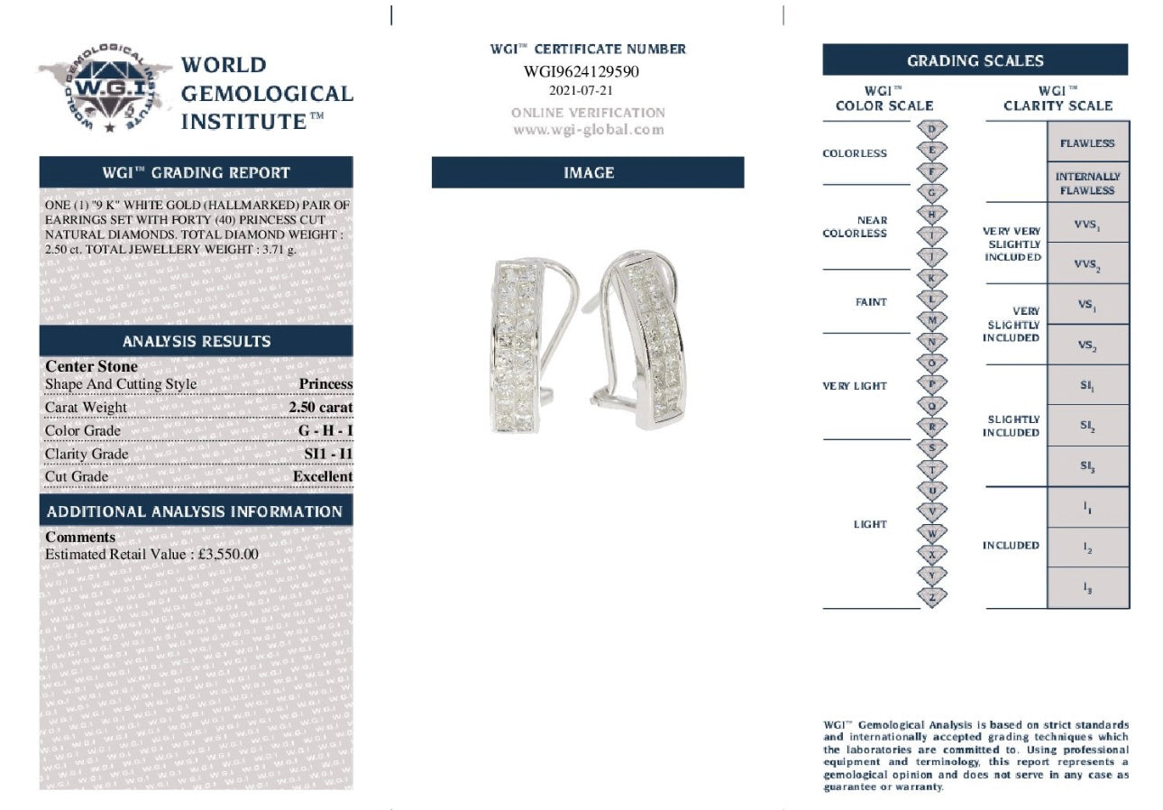 9k White Gold 2.50ct Princess Cut Natural Diamond Earrings certified