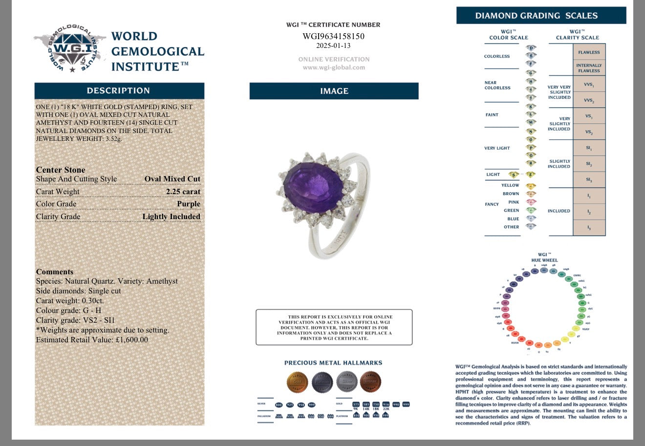 18k Gold Natural Diamond and Amethyst Ring Certified