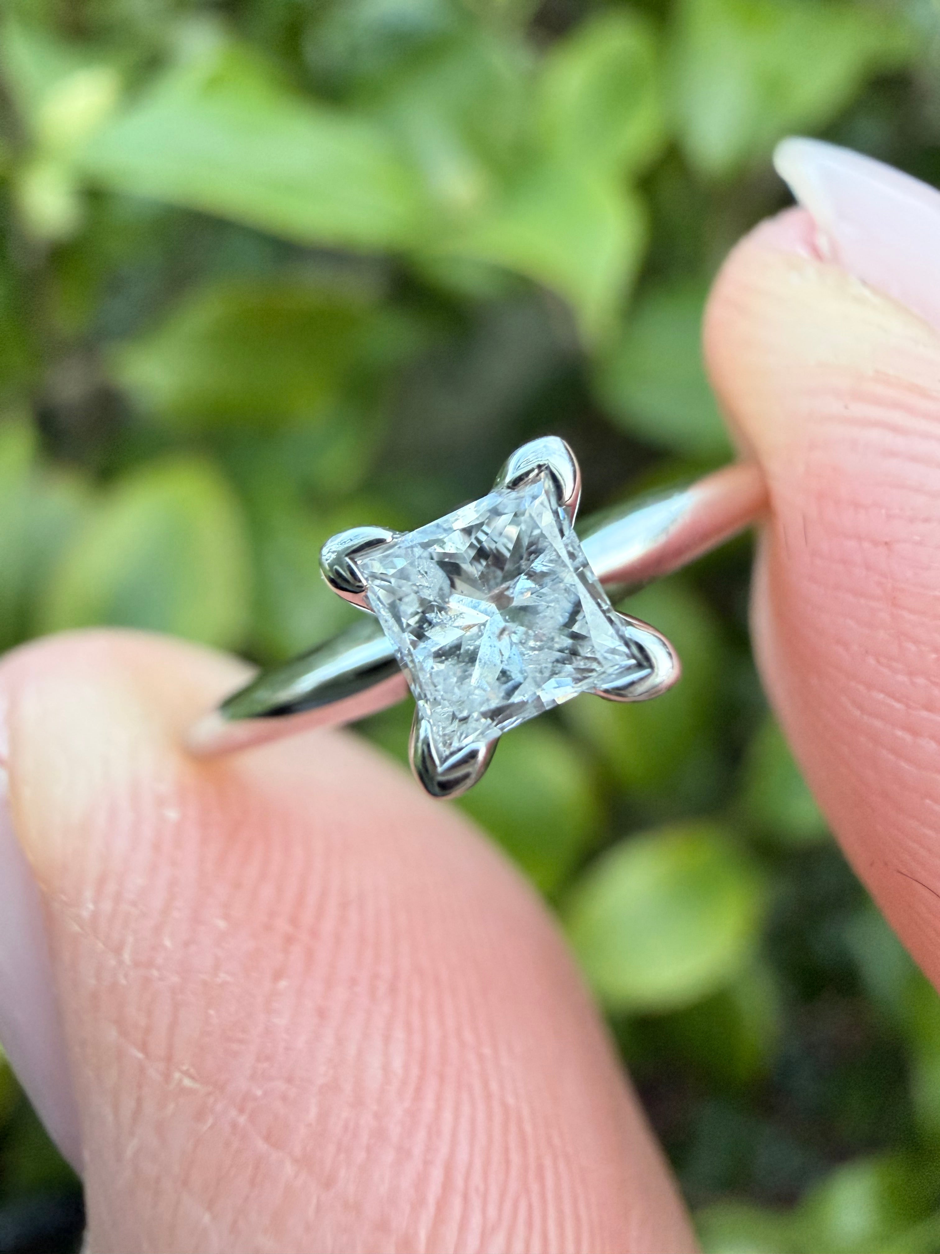 14k White Gold 0.37ct Natural Princess Cut Diamond Solitaire Ring certified