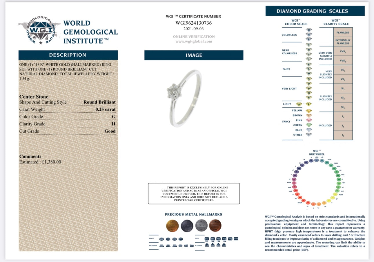 18k White Gold 0.25ct Natural Round Cut Diamond Solitaire Ring certified