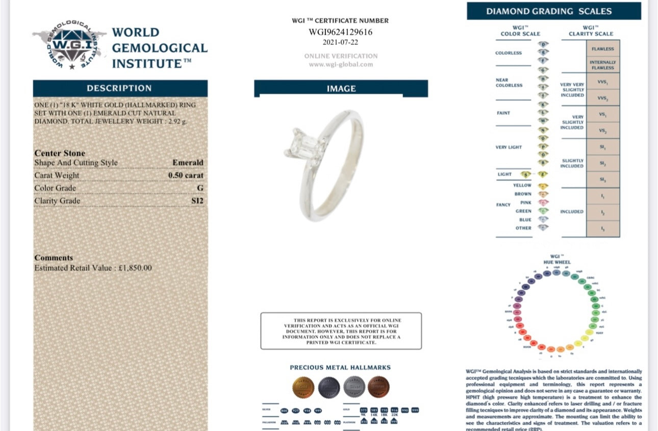 18k White Gold 0.50ct Natural Emerald Cut Diamond Solitaire Ring certified