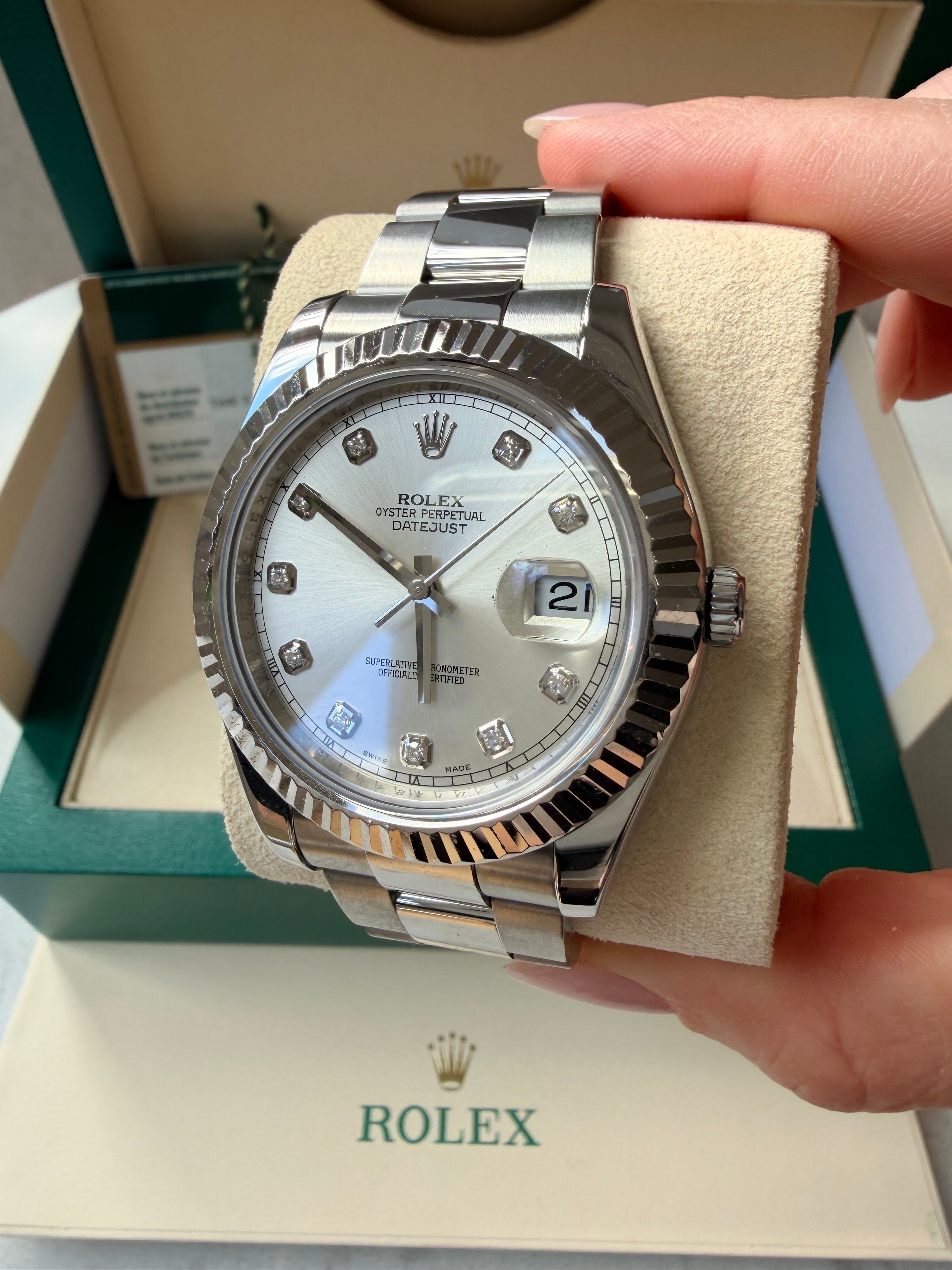 Rolex Date just II stainless steel factory diamond dot dial 116334 complete with box and papers 2010 on hold