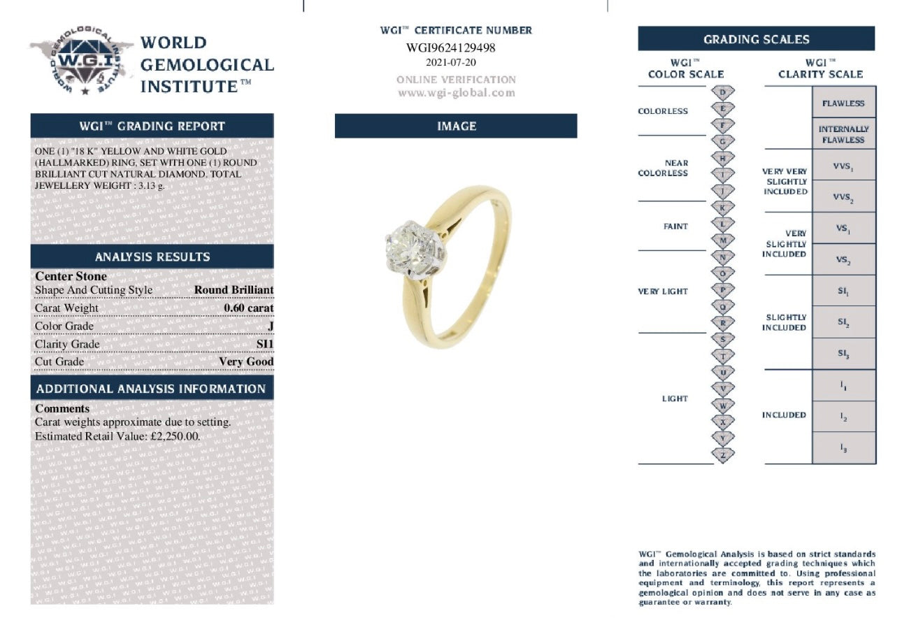 18k Yellow Gold 0.60ct Natural Round Brilliant Cut Diamond Solitaire Ring certified