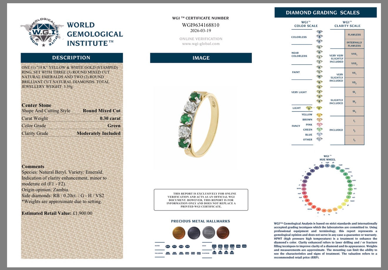 18K Yellow Gold Natural Diamond & Zambian Emerald Half Eternity Ring Certified