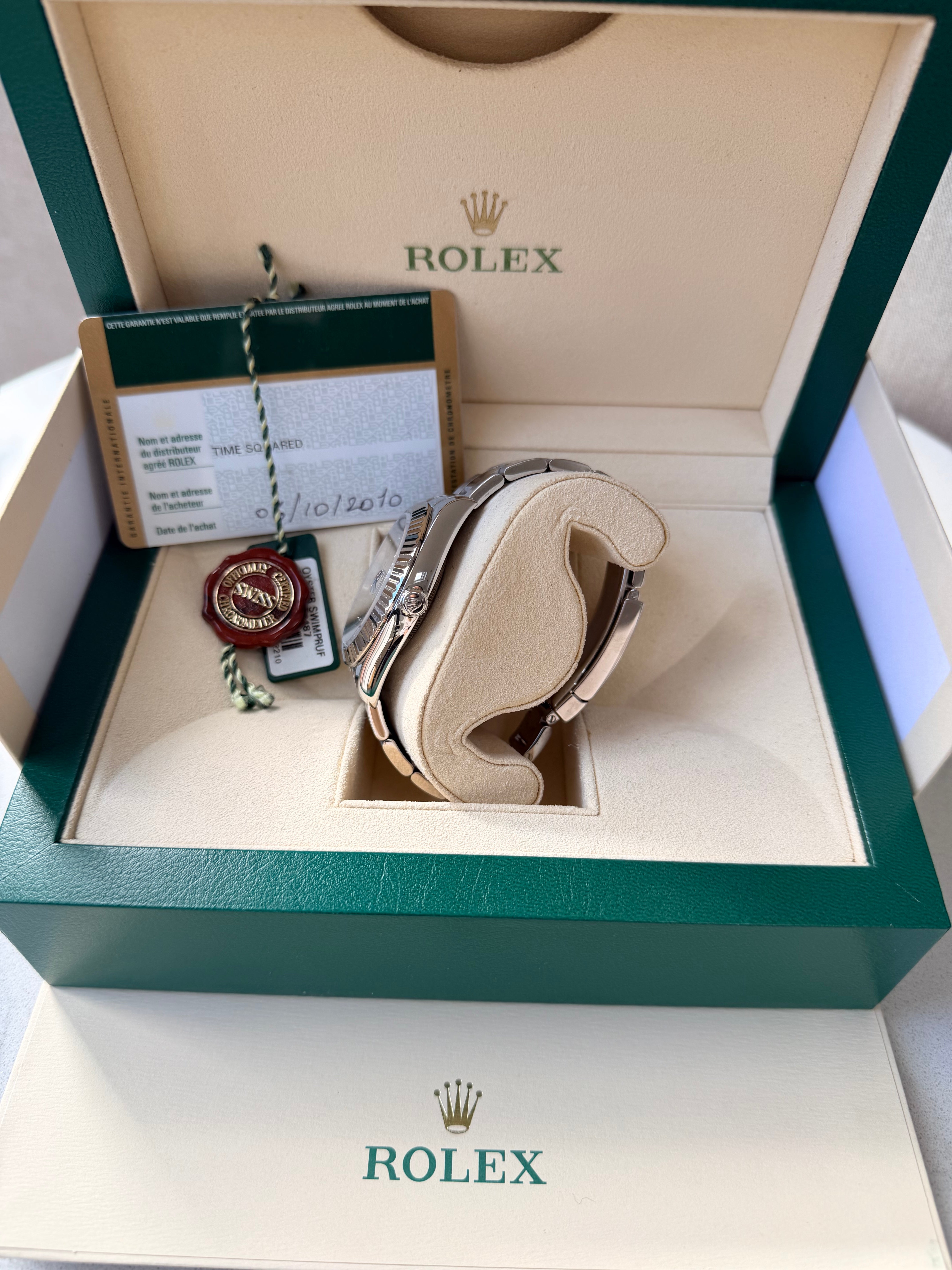 Rolex Date just II stainless steel factory diamond dot dial 116334 complete with box and papers 2010 on hold