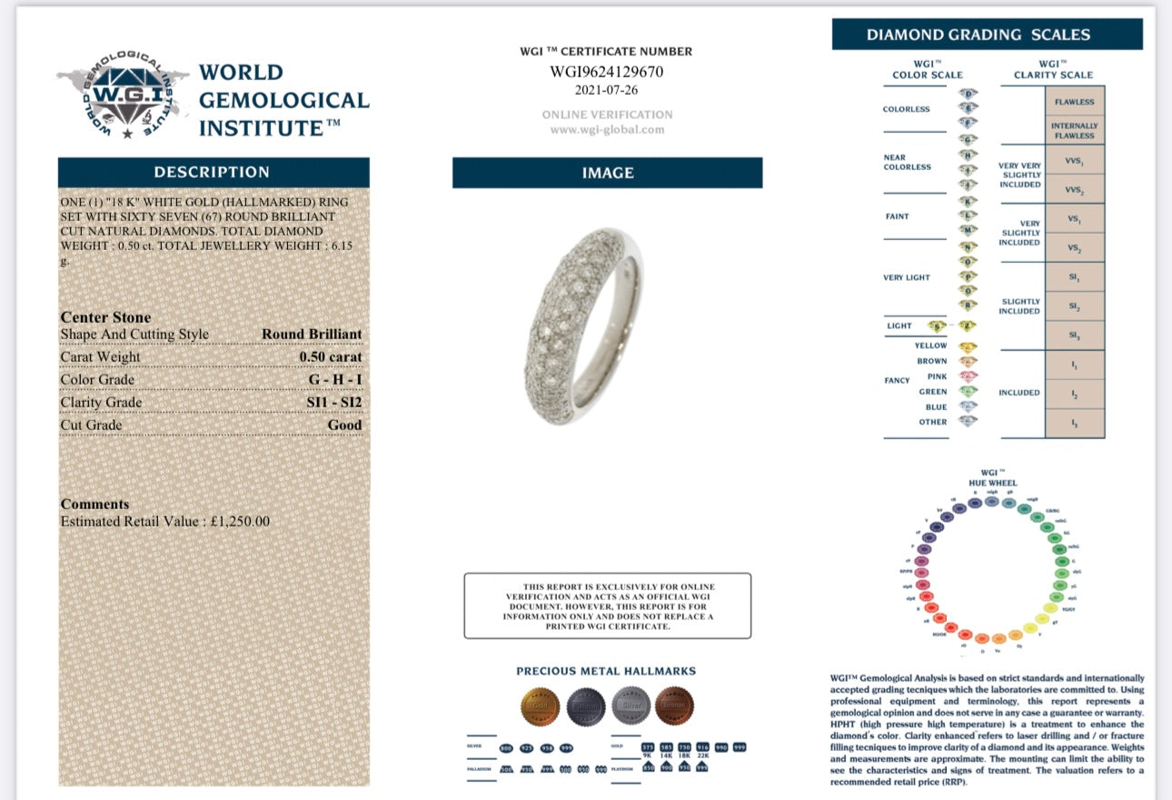 18k White Gold 0.50ct Natural Round Cut Diamond Ring certified