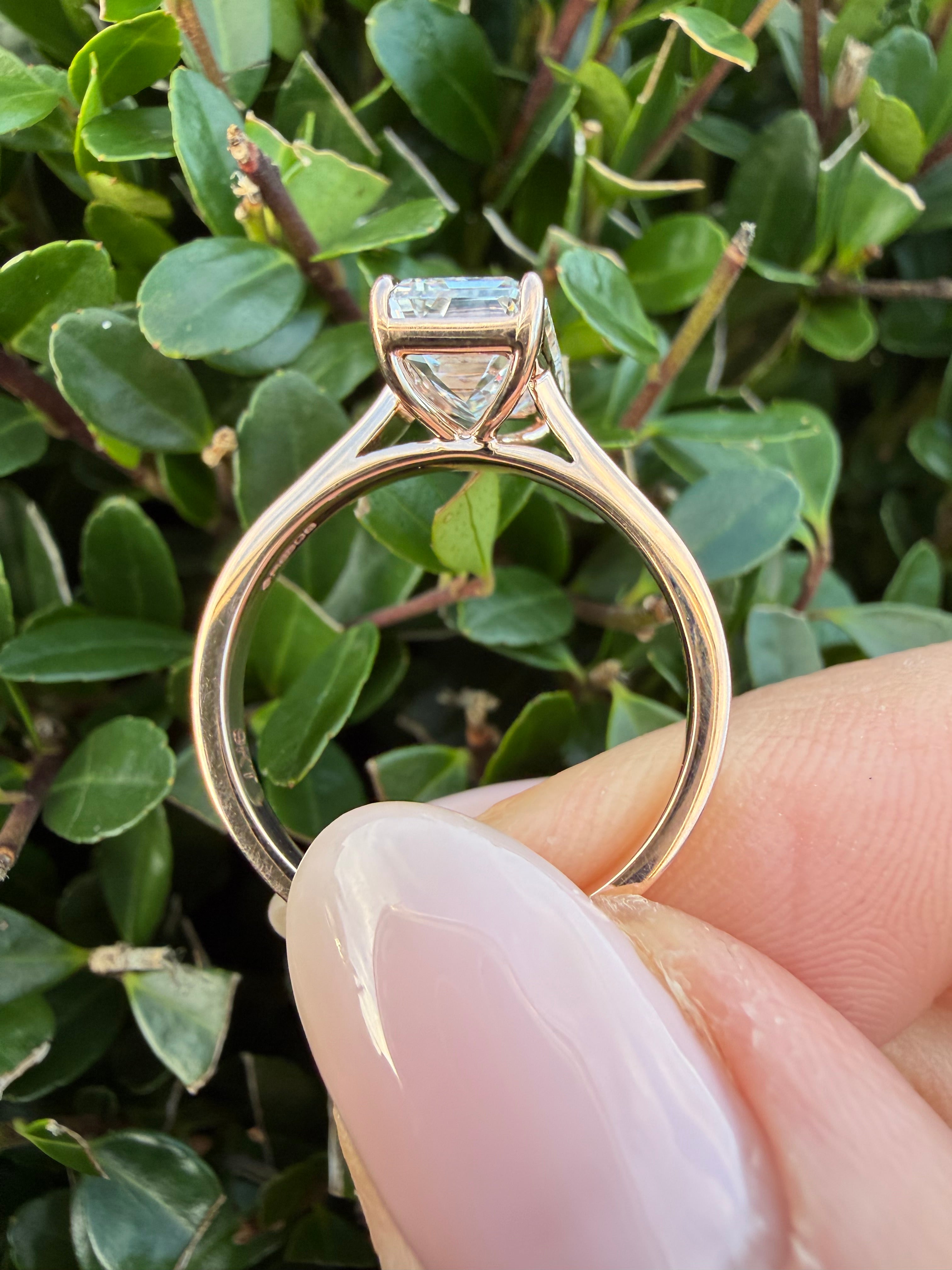 3.02ct emerald cut Lab Grown Diamond Solitaire Ring IGI Certified set in 9k rose gold