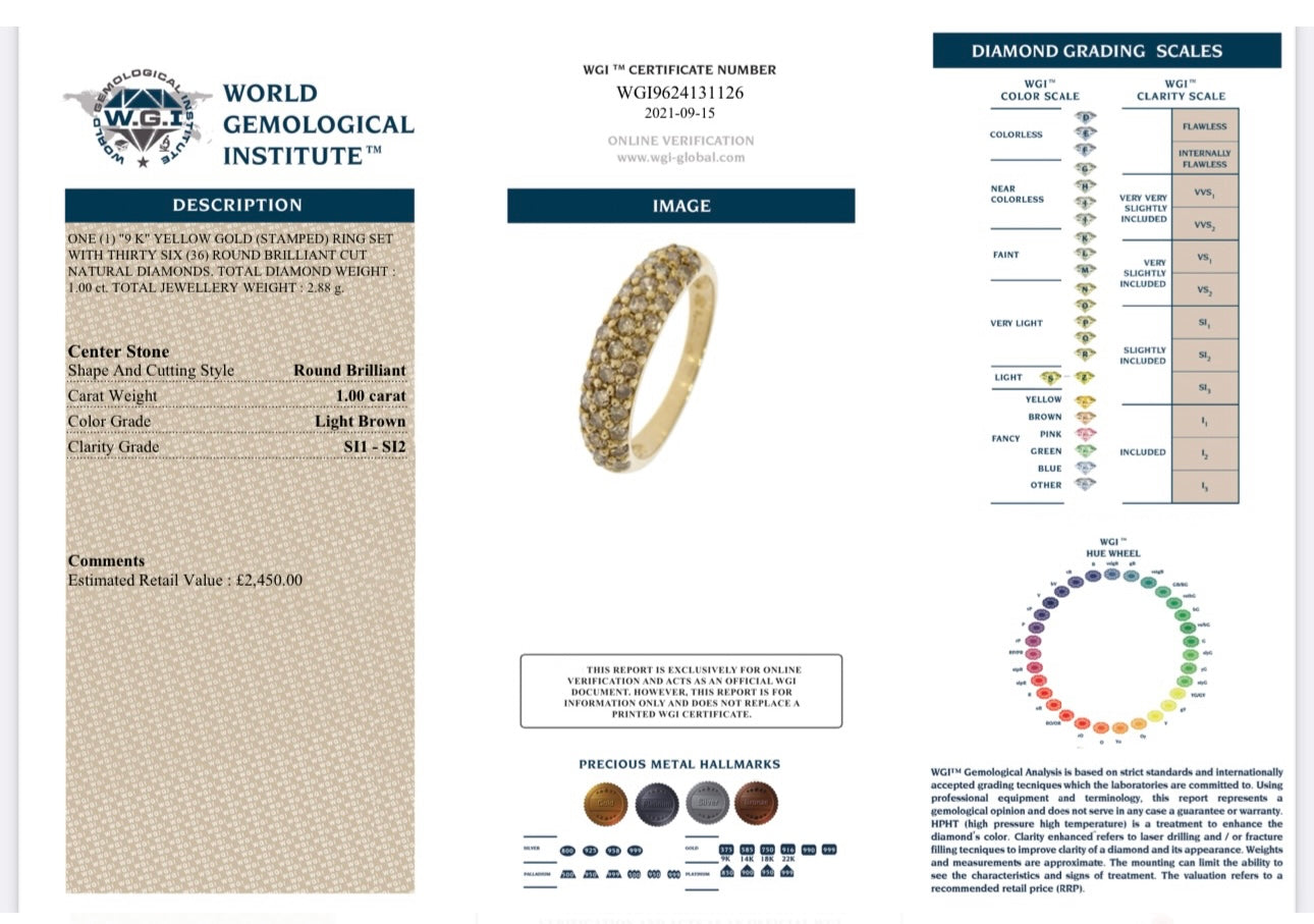 9k Yellow Gold 1.00ct Natural Round Cut Diamond Band certified