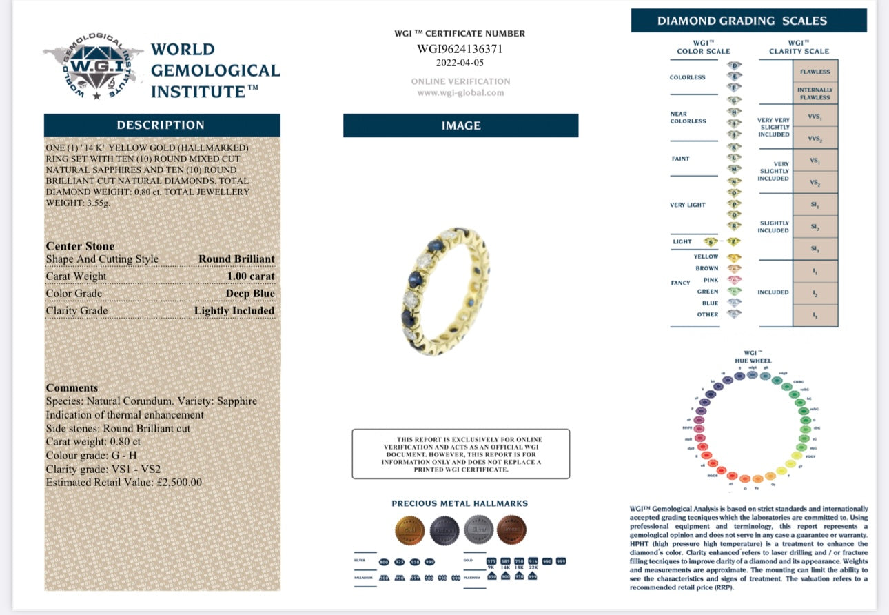 14k Yellow Gold Natural Diamond And Sapphire Full Eternity Ring certified