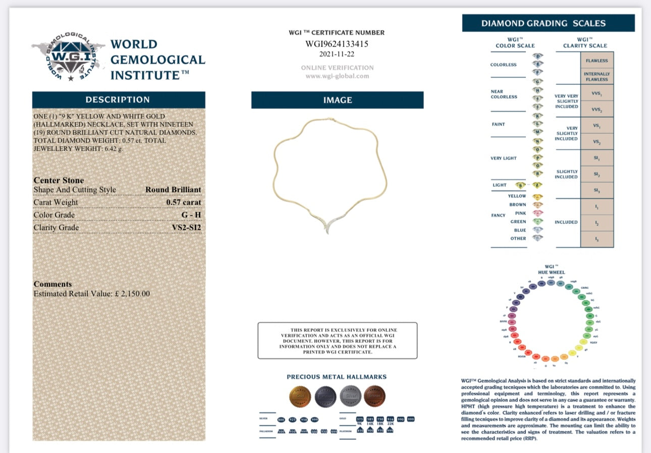 9K Yellow Gold 0.57ct Natural Round Cut Diamond Choker Style Necklace certified