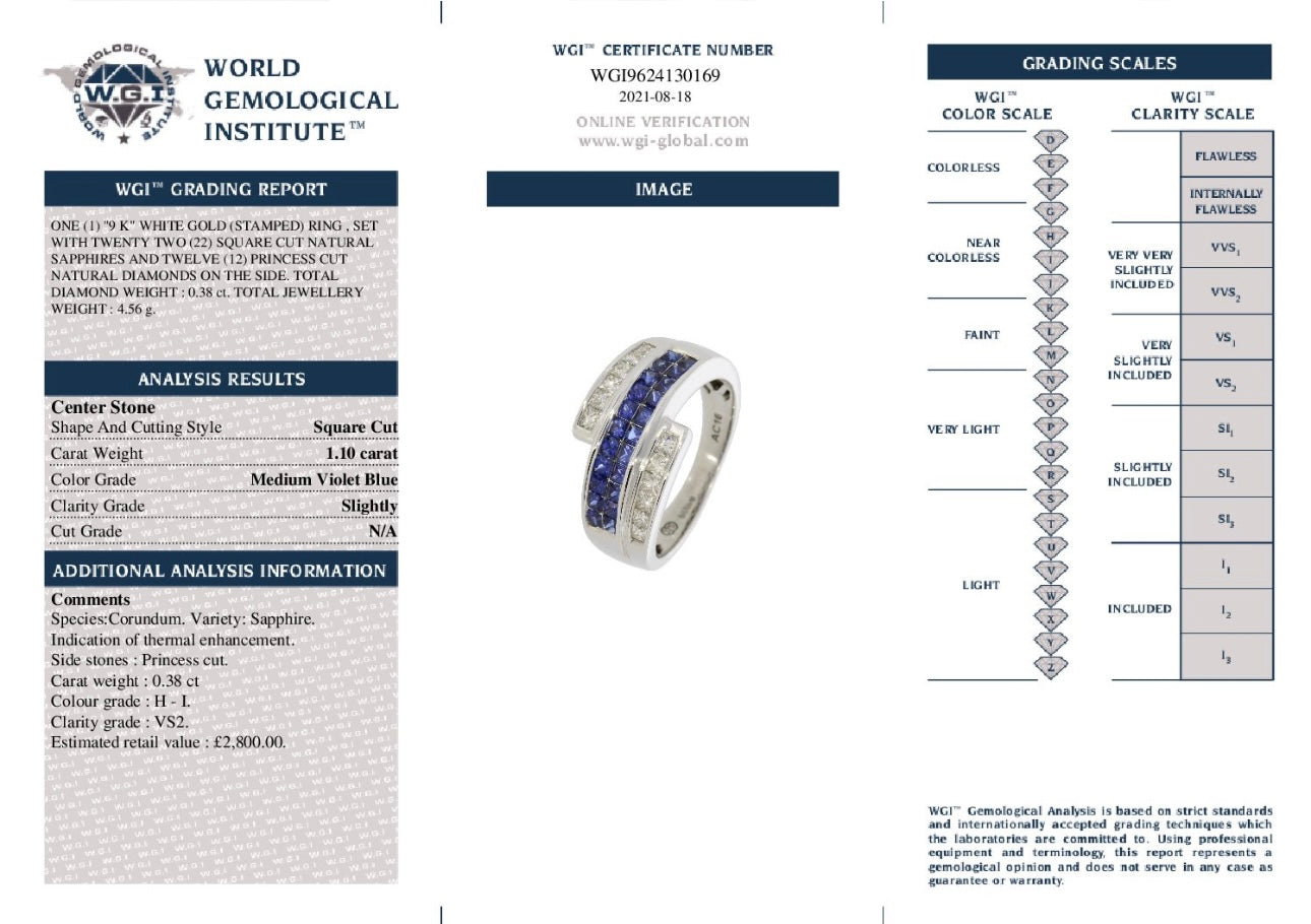 9k White Gold Natural Princess Cut Diamond And Sapphire Half Eternity Ring certified