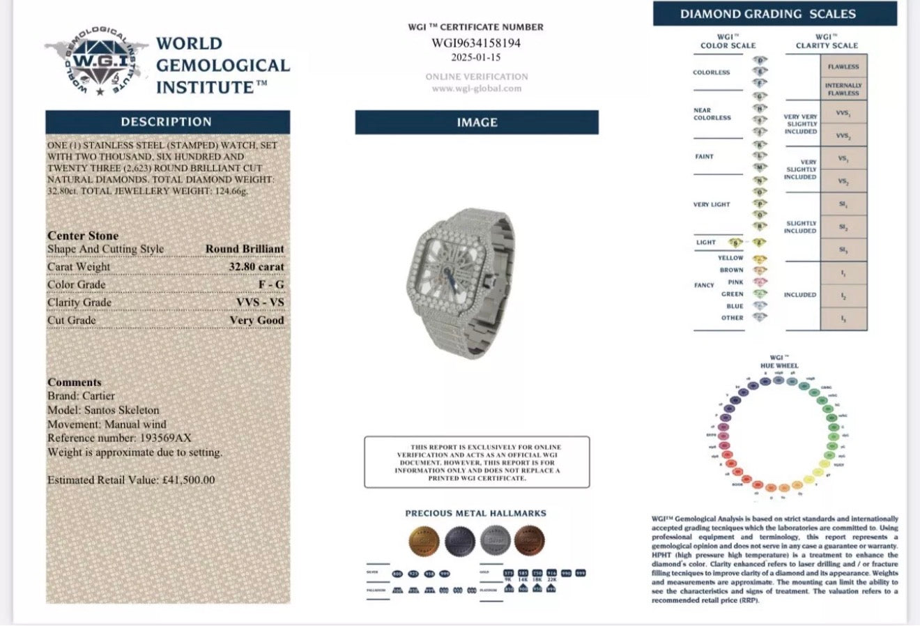 Cartier de santos skeleton stainless steel 33ct Natural Vvs Diamonds Certified