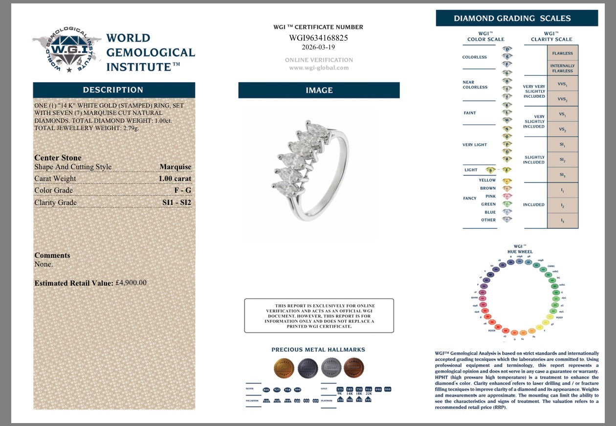 14K Gold 1.00ct Natural Marquise Cut Diamond 7 Stone Ring Certified