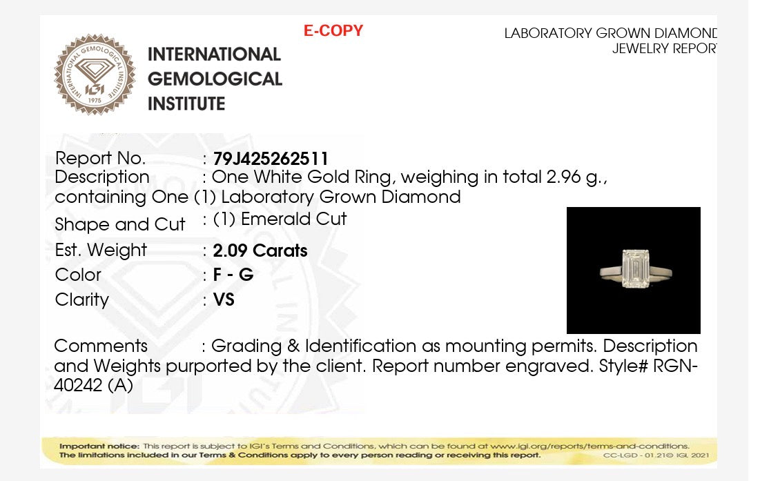 2.09ct emerald cut Lab Grown Diamond Solitaire Ring IGI Certified set in 9k white gold