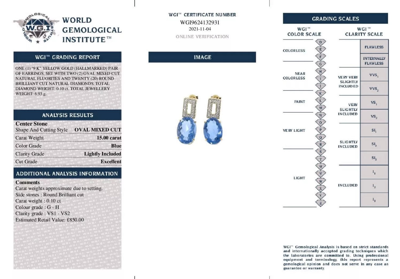 9k Yellow Gold Natural Round Cut Diamond And Fluorite Drop Earrings certified