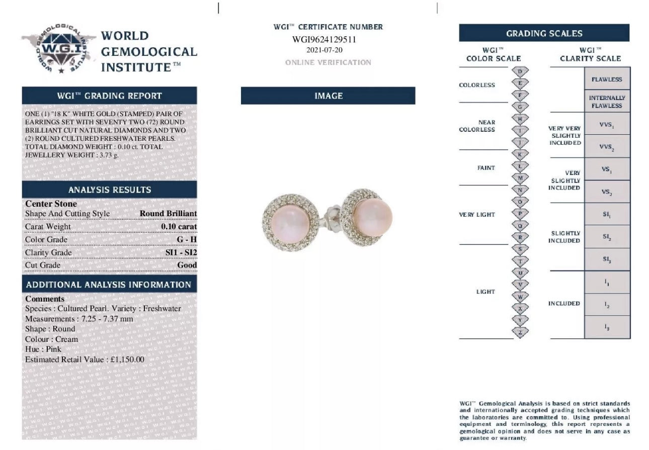 18k White Gold Natural Diamond And Pearl Earrings certified
