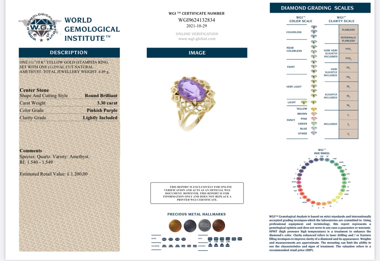 10k Yellow Gold 3.30ct Natural Amethyst Solitaire Ring certified