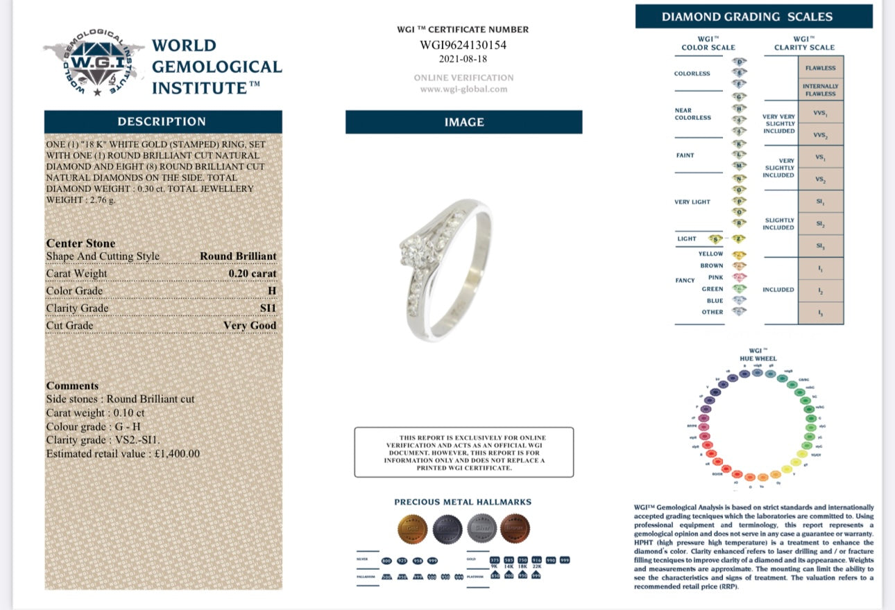 18k White Gold 0.30ct Round Cut Natural Diamond Ring certified