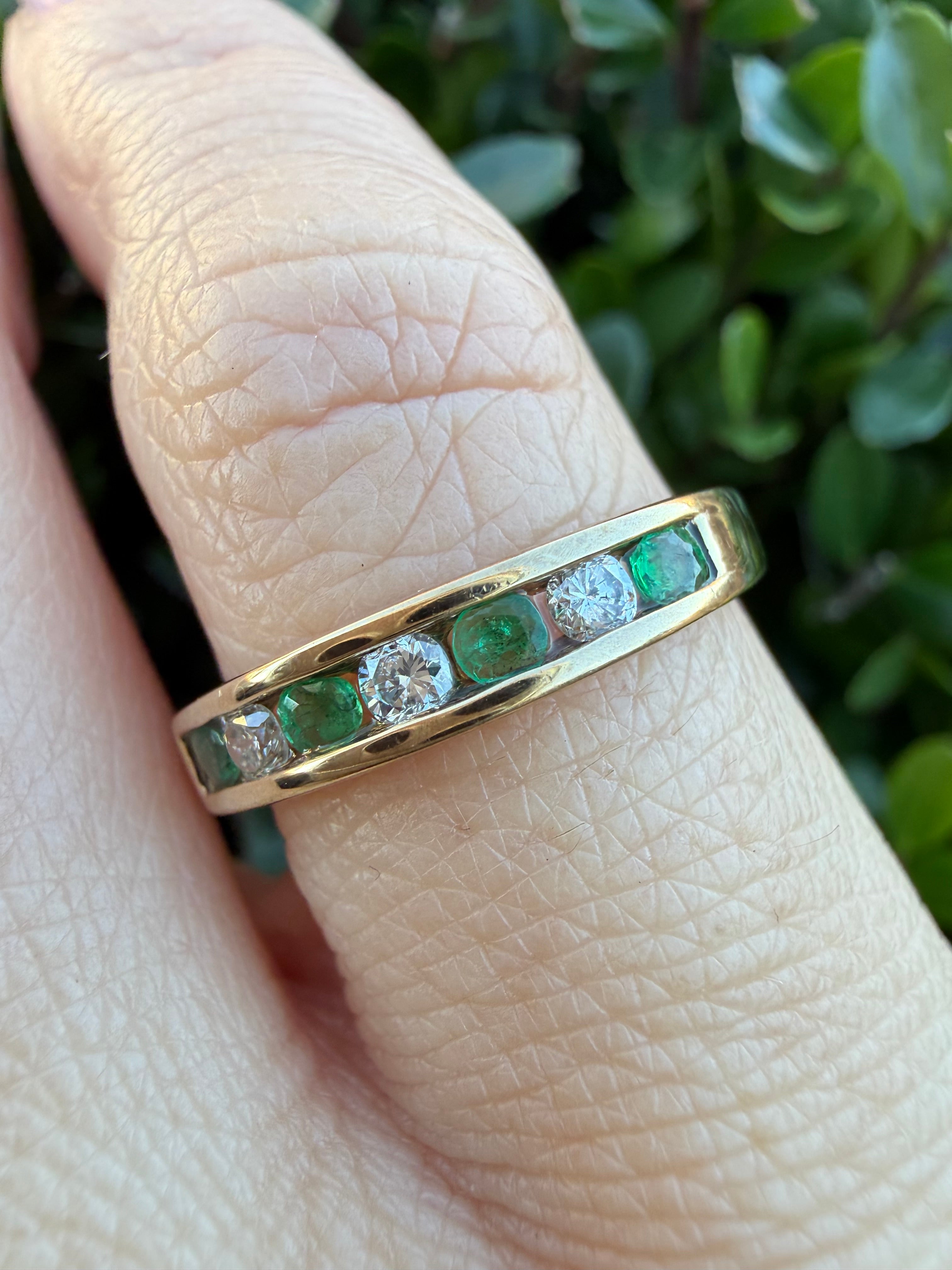 9k Yellow Gold Natural Emerald And Natural Diamond Half Eternity Ring certified
