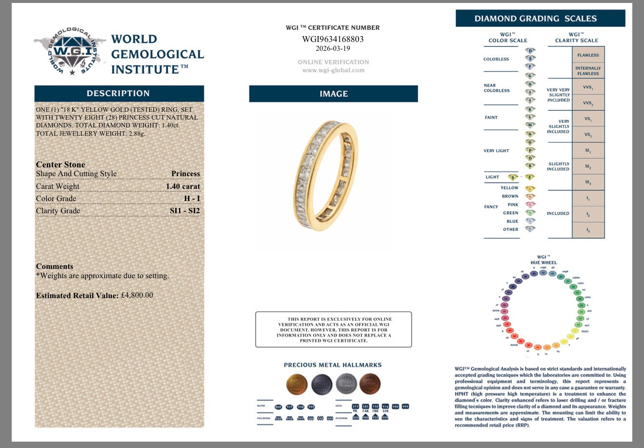 18k yellow Gold 1.40ct natural Princess Cut diamond full eternity ring certified