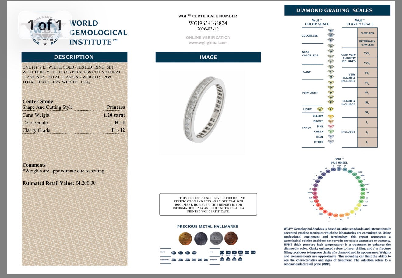 9k White Gold 1.20ct natural Princess Cut diamond full eternity ring certified