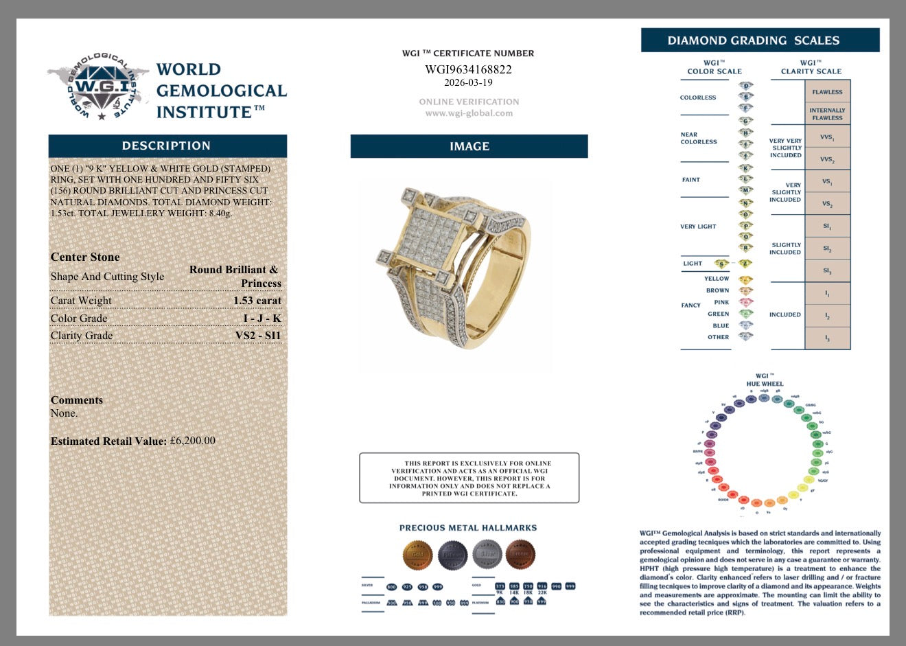 9k Yellow Gold 1.53ct Natural Diamond Men’s Ring Certified