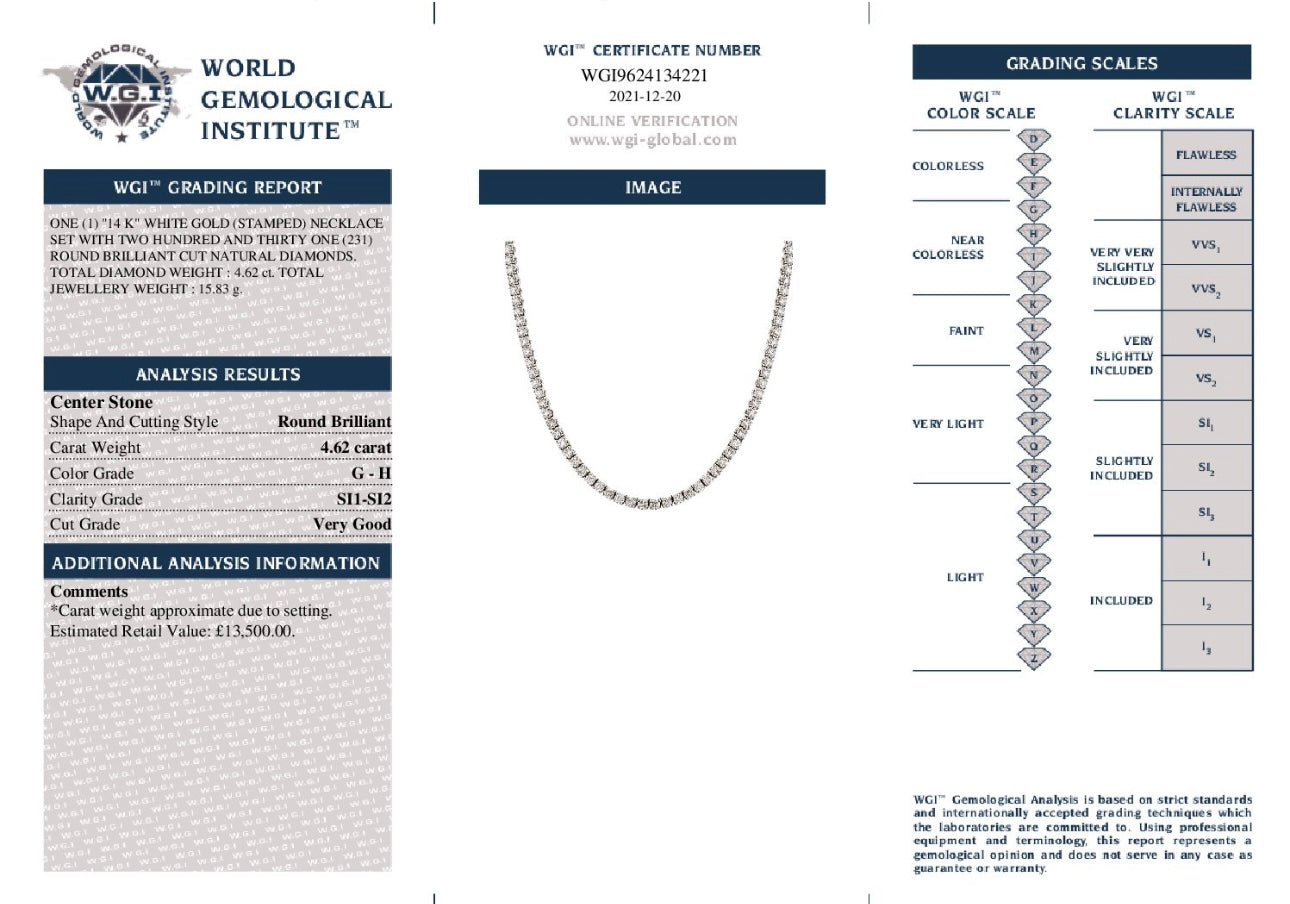 14k White Gold 4.62ct Natural Round Cut Diamond Tennis Chain certified