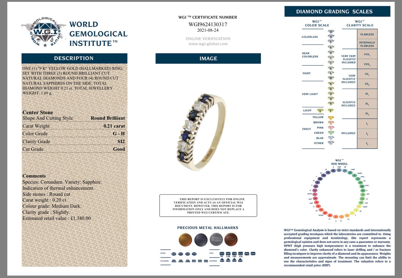 9K Yellow Gold Natural Diamond And Sapphire Half Eternity Ring certified