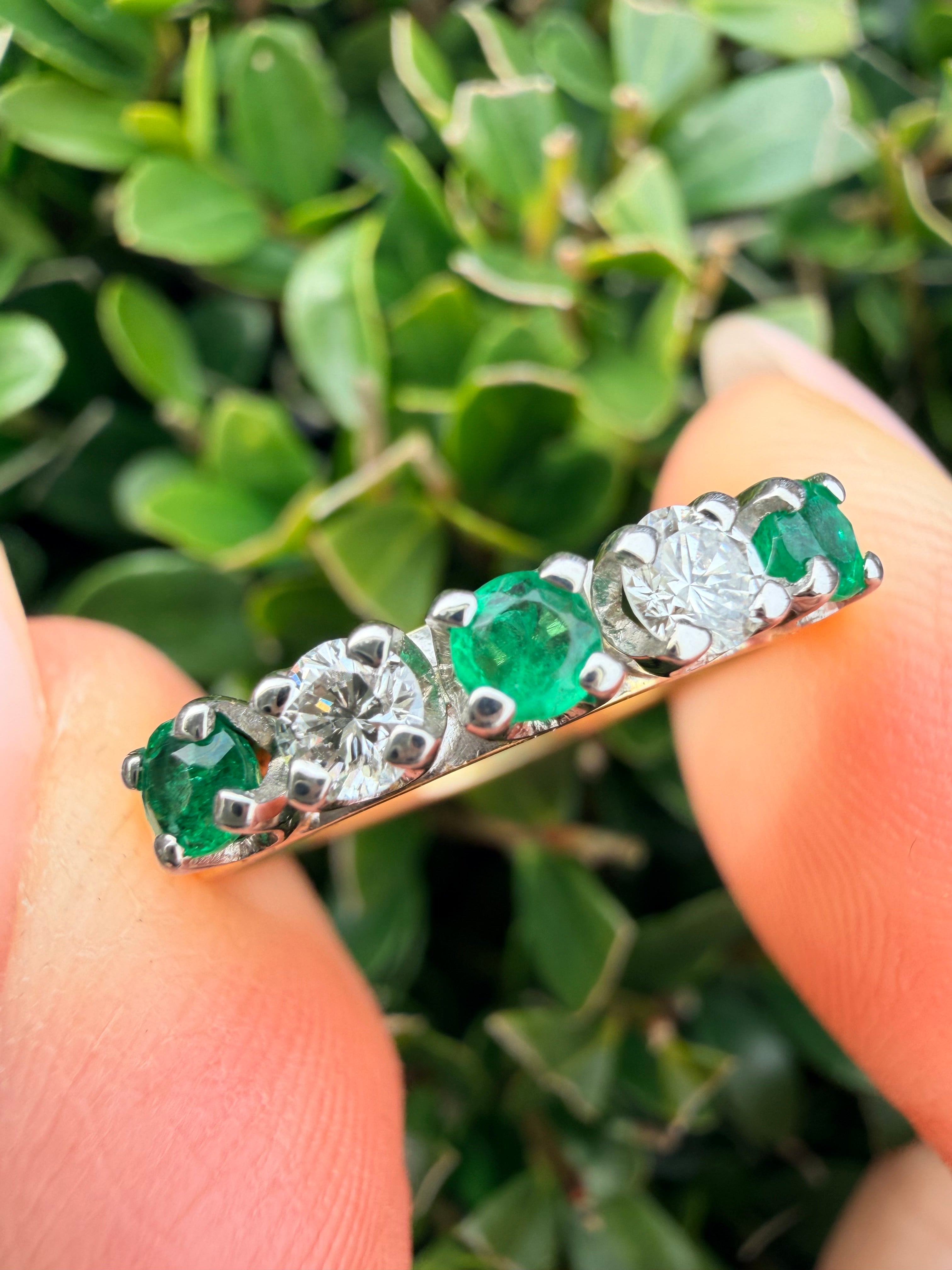 18K Yellow Gold Natural Diamond & Zambian Emerald Half Eternity Ring Certified