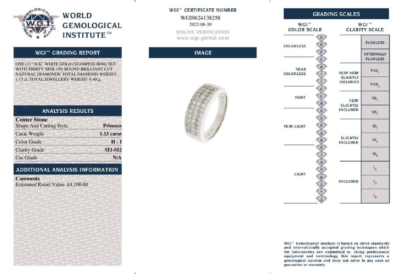 18k White Gold 1.13ct Natural Princess Cut Diamond Half Band Ring certified