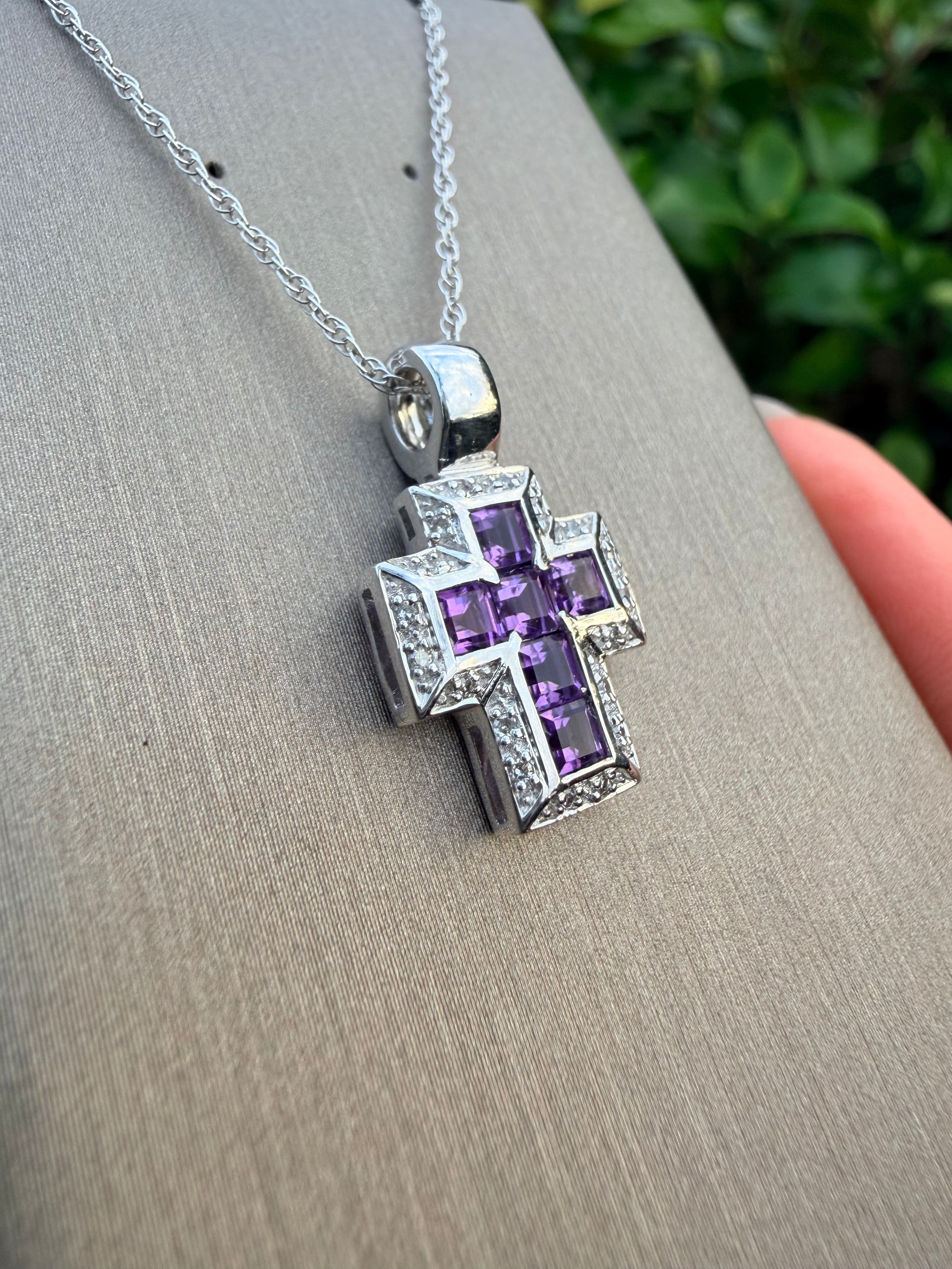 9k White Gold Natural Diamond And Amethyst Cross Pendant And Chain Set certified