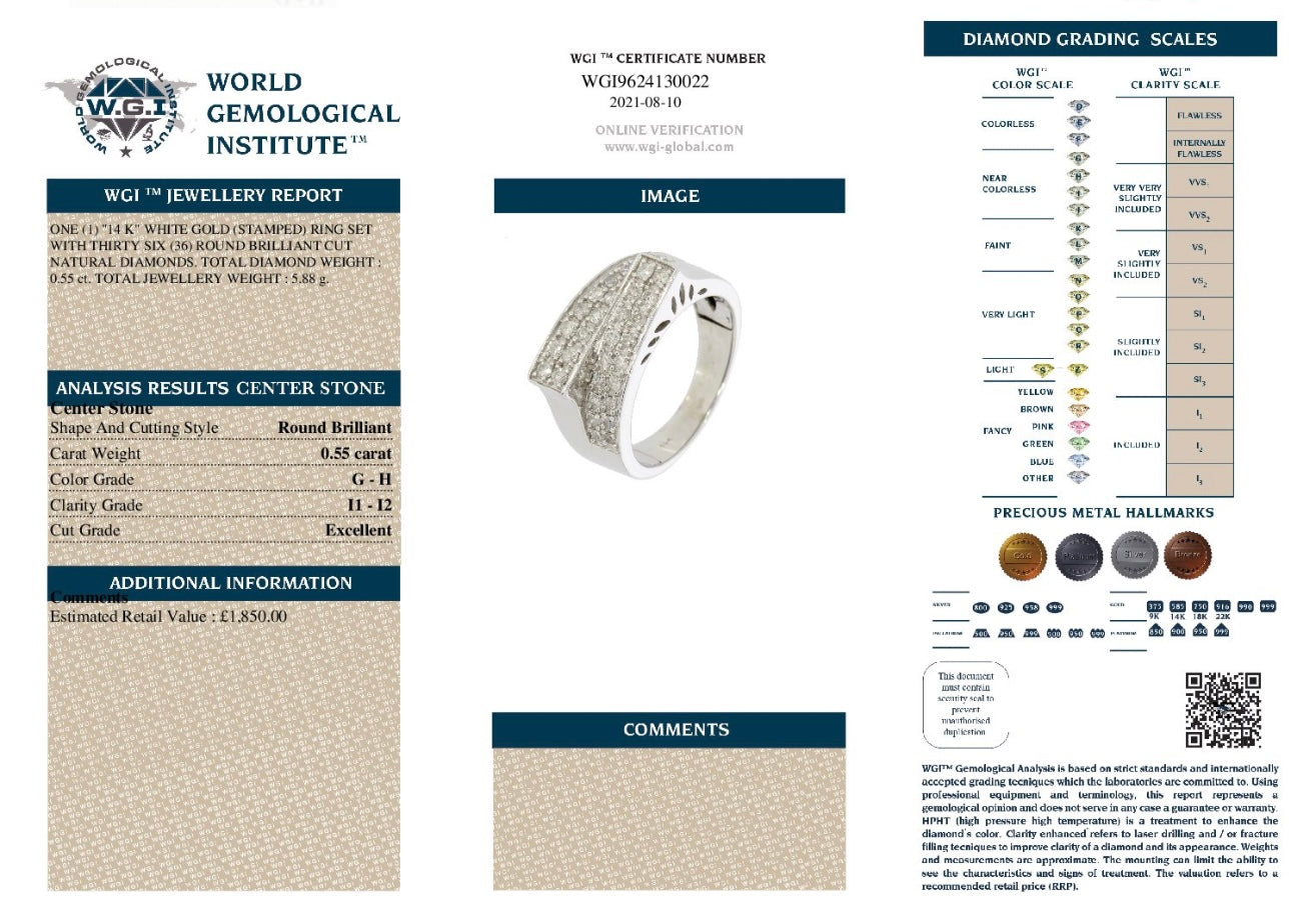 14k White Gold 0.55ct Natural Round Cut Diamond Two Row Ring certified