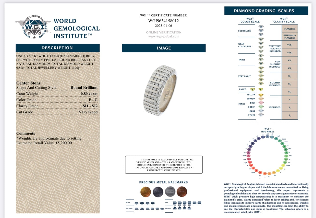 18k White Gold 0.80ct Natural Diamond Half Band Ring certified