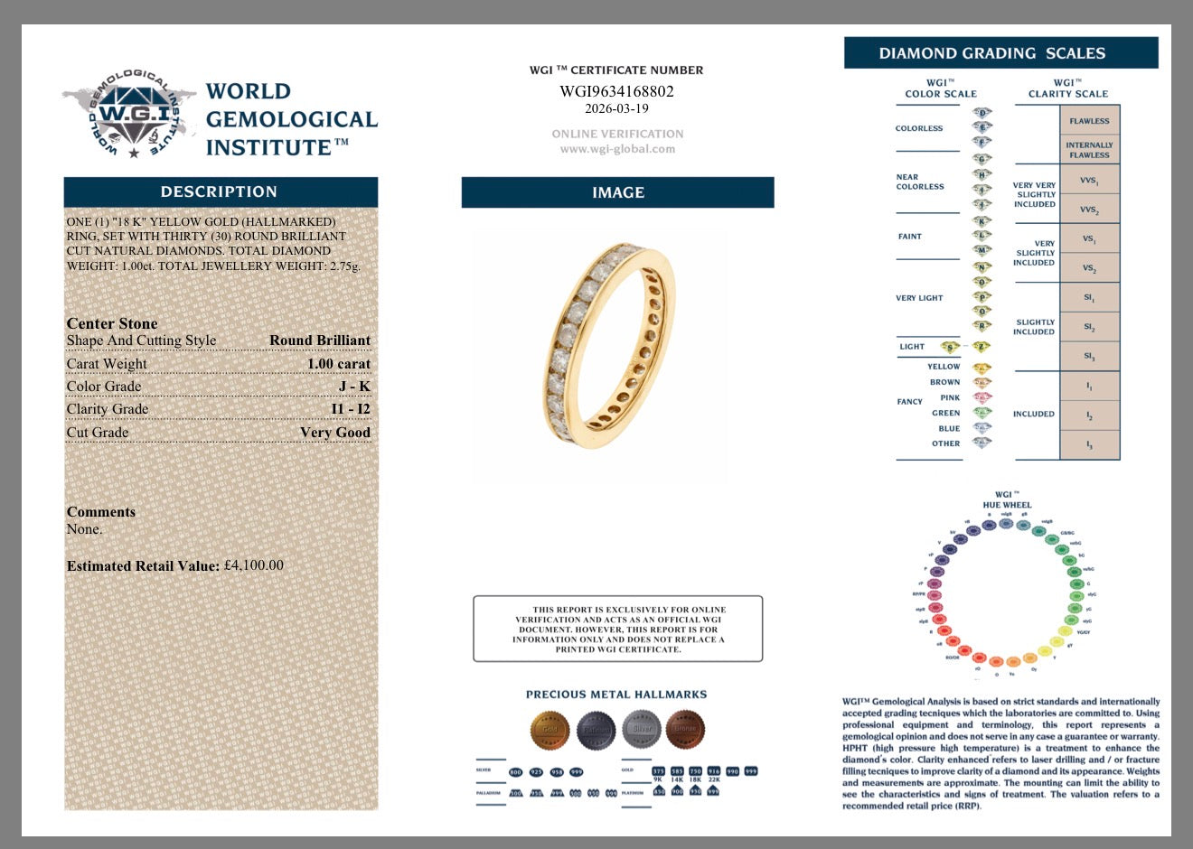 18k Gold 1.00ct Natural Round Cut Diamond Full Eternity Ring Certified