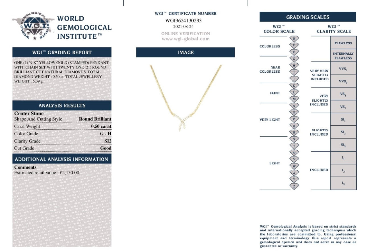 9K Yellow Gold 0.50ct Natural Round Cut Diamond Crossover Style Necklace certified