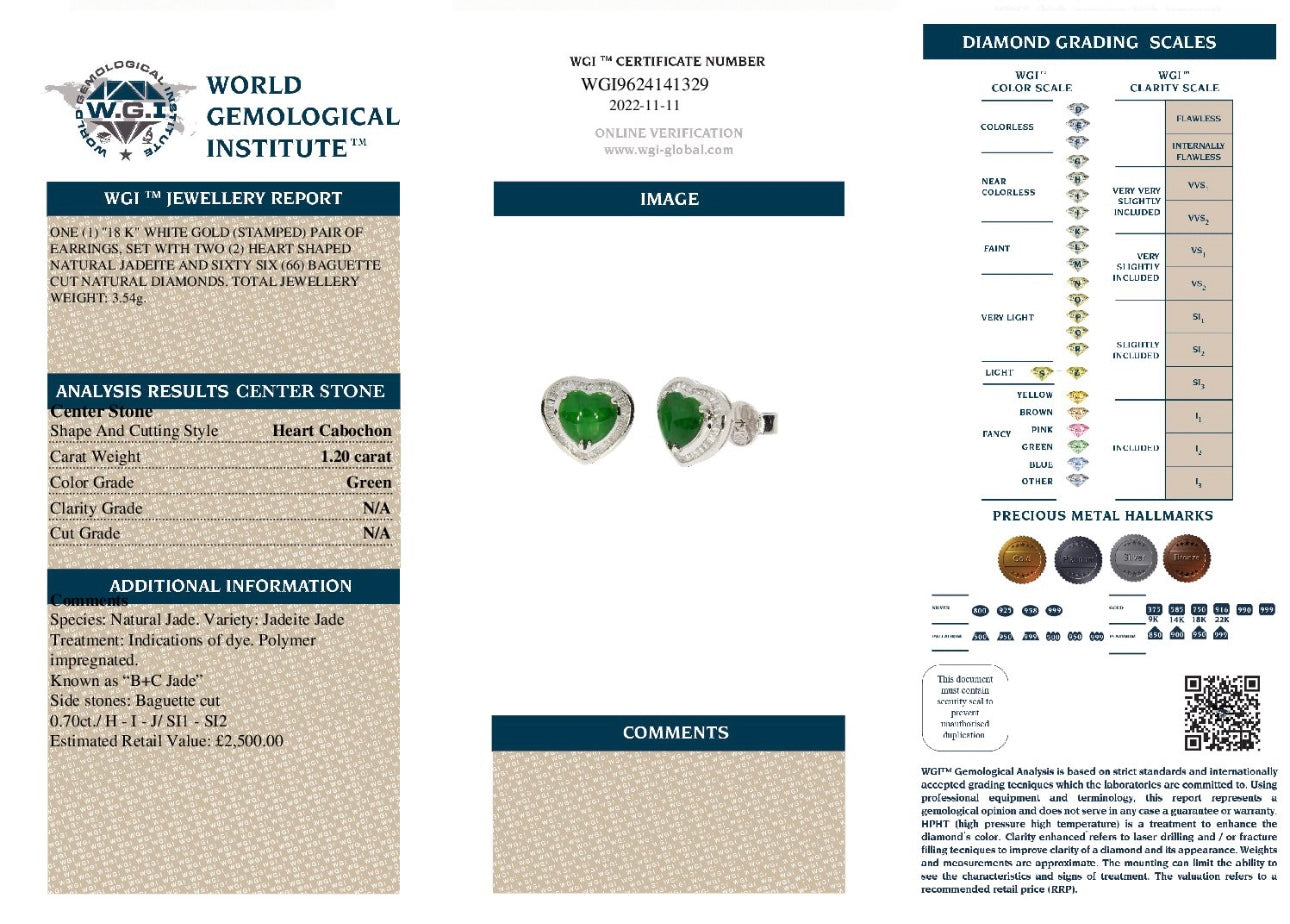 18k White Gold Natural Jade And Natural Baguette Cut Diamond Earrings certified