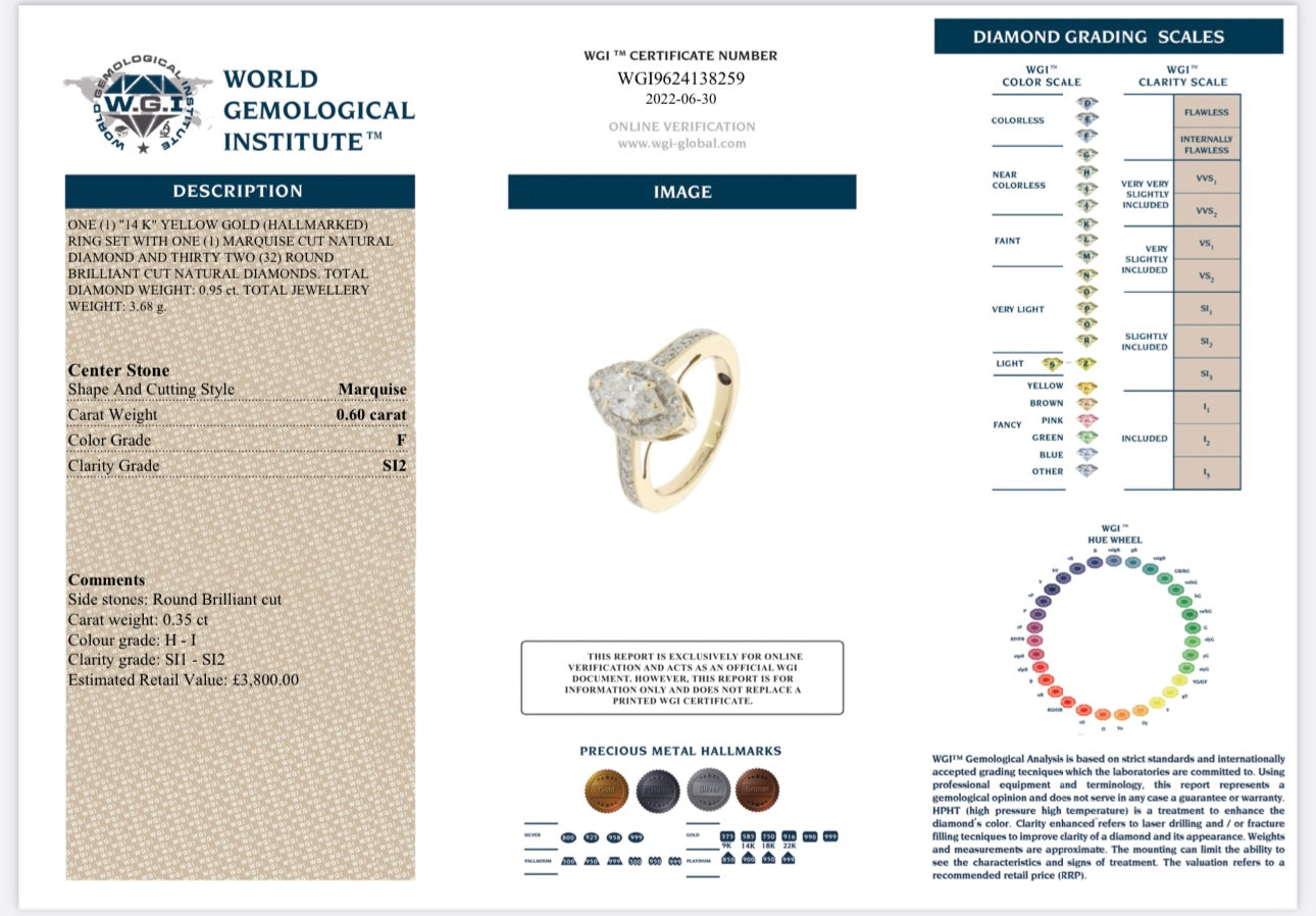 14k Yellow Gold 0.95ct Natural Marquise Cut Diamond Halo Ring certified