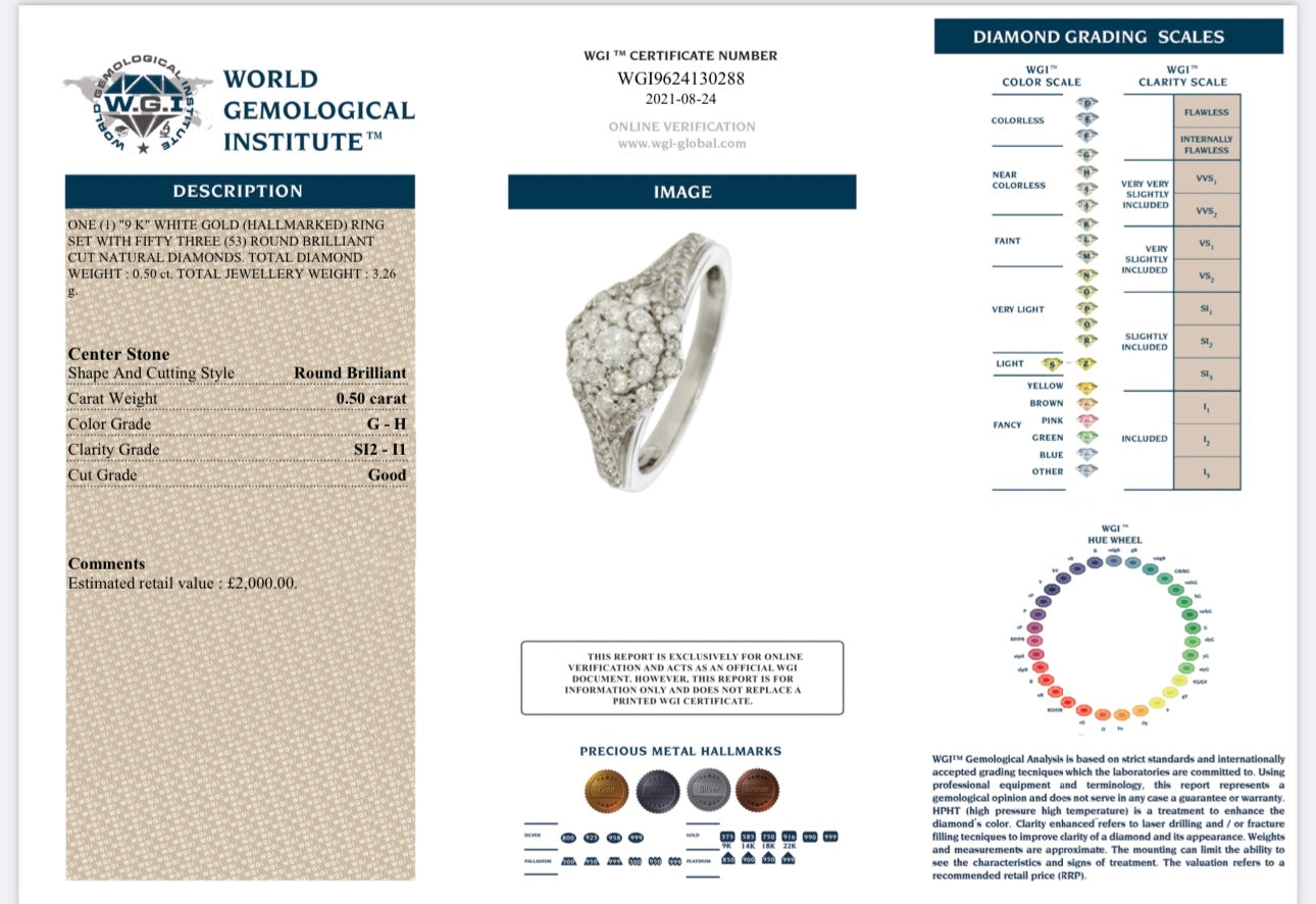 9k White Gold 0.50ct Natural Round Cut Diamond Cluster Ring certified