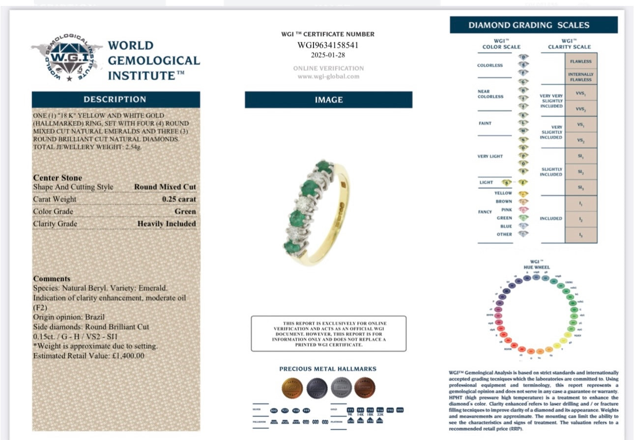 18k Yellow Gold Natural Diamond And Emerald Half Eternity Ring certified