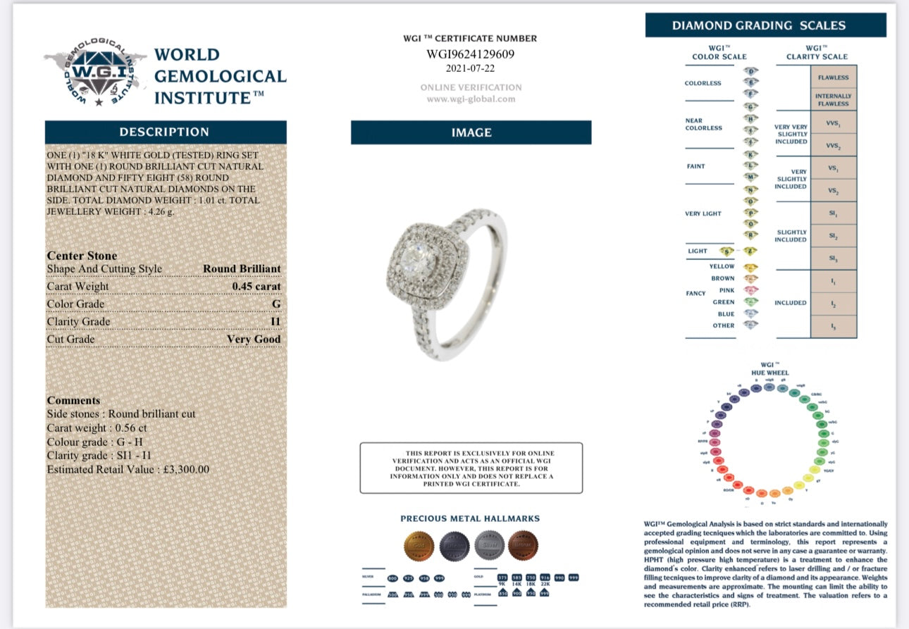 18k White Gold 1.01ct Natural Round Cut Diamond Halo Ring certified