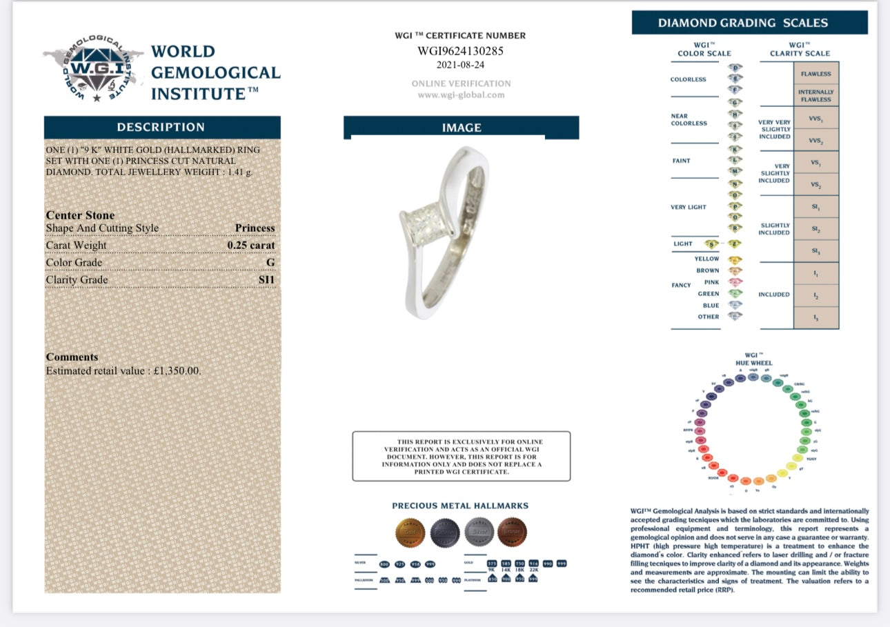 9k White Gold 0.25ct Natural Princess Cut Diamond Solitaire Ring certified