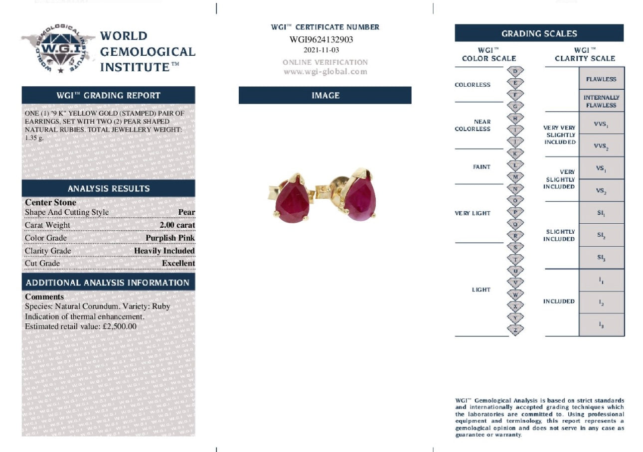 9k Yellow Gold 2.00 Ct Pear Shape Natural Ruby Earrings certified