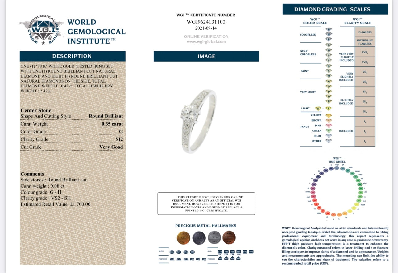 18k White Gold 0.43ct Natural Round Cut Diamond Ring certified