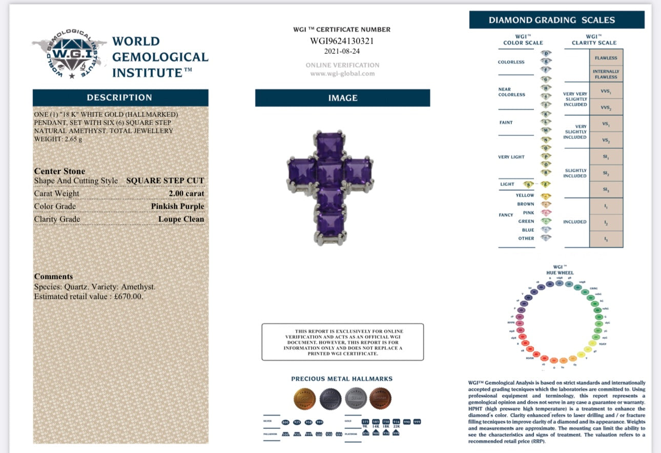 18k White Gold 2.00 Ct Natural Amethyst Cross Pendant certified