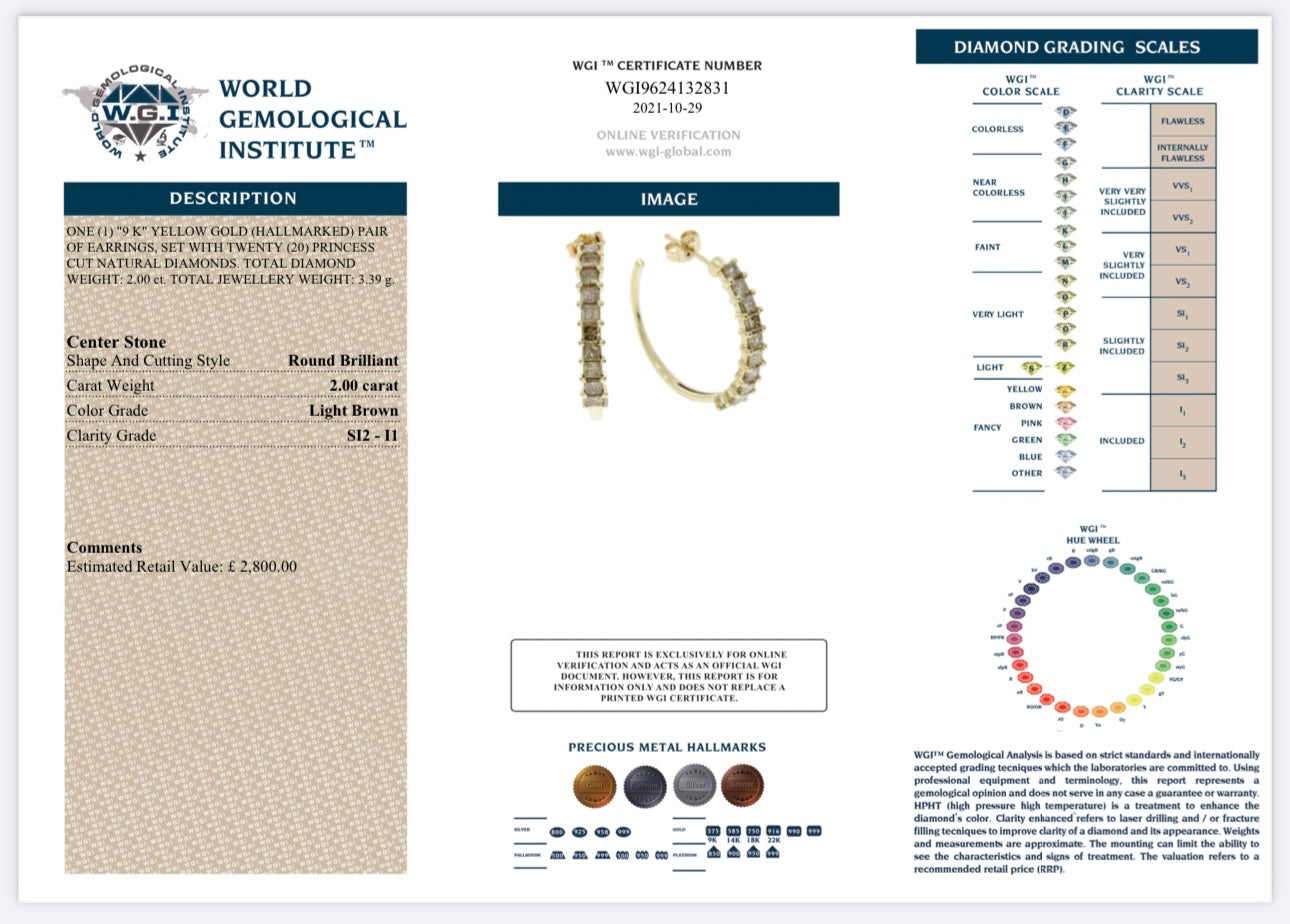 9k Yellow Gold 2.00 Ct Princess Cut Natural Diamond Earrings certified