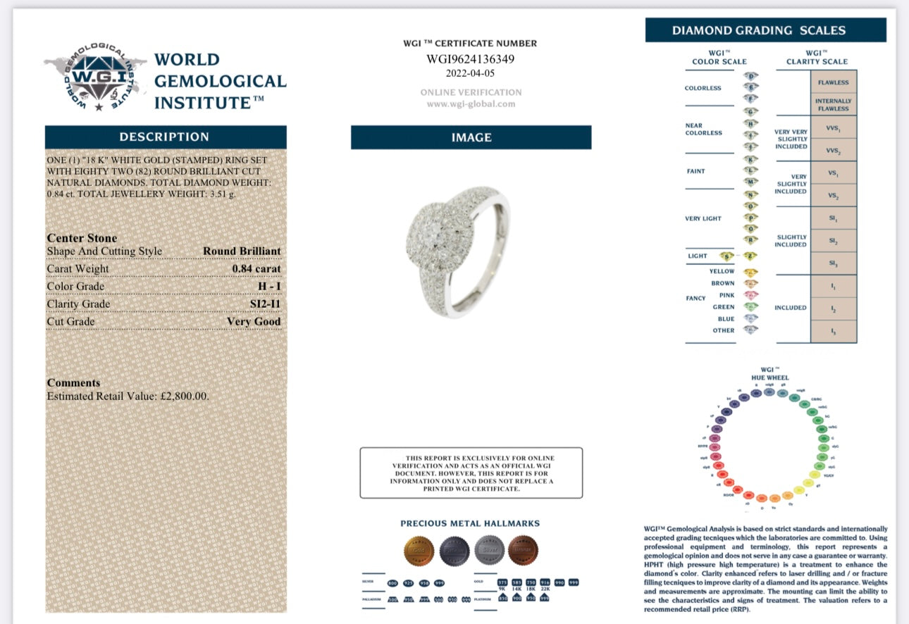 18k White Gold 0.84ct Natural Round Cut Diamond Halo Ring certified