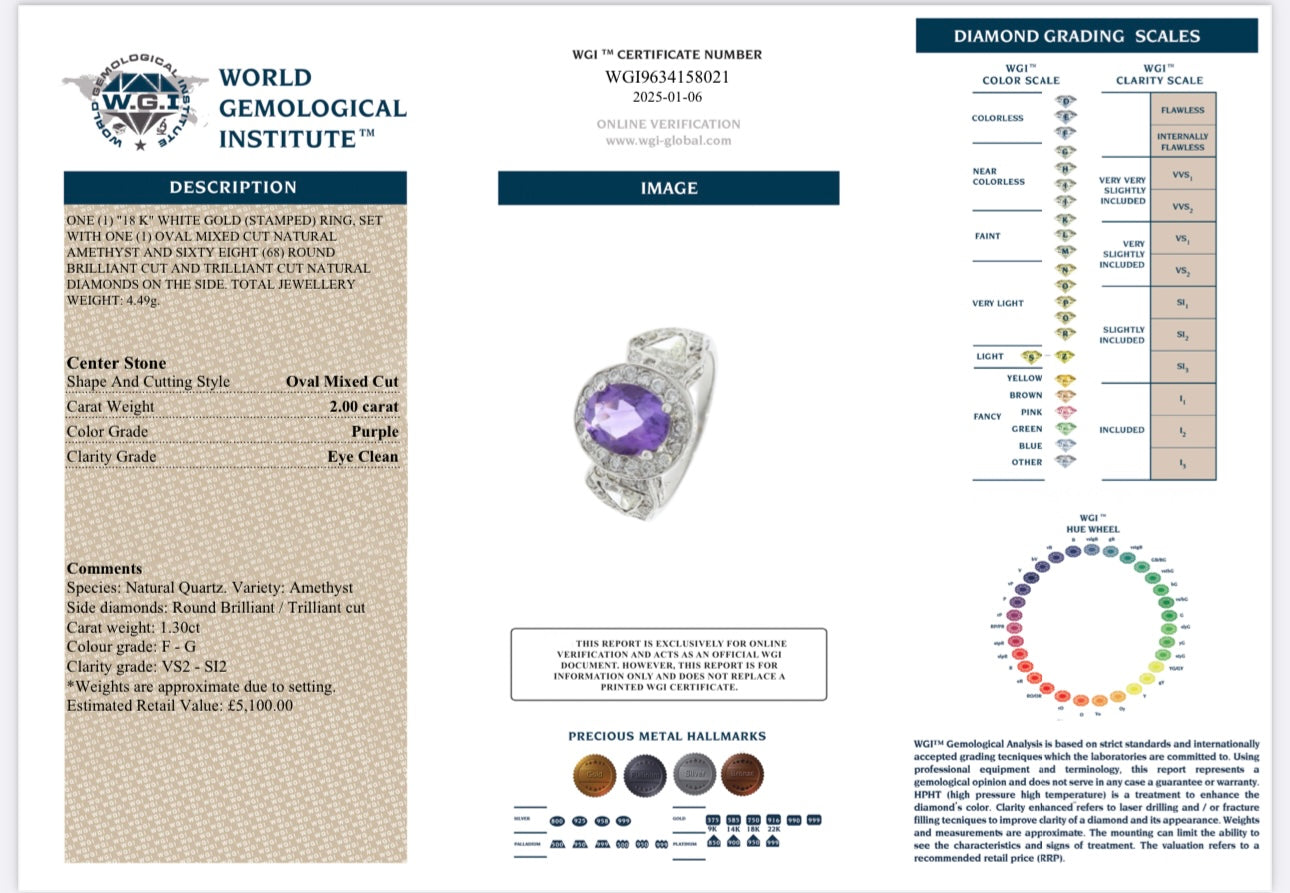 18k White Gold Amethyst And 1.30ct Natural Diamond Ring certified